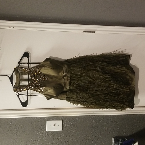 Sue Wong Dresses & Skirts - Sue Wong, silk and ostrich feather dress, embellished with silver and gold.